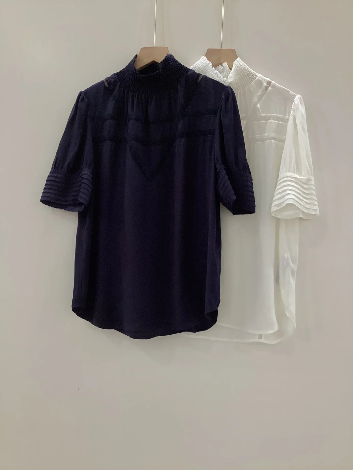 

2023 Spring and Summer New Loose Top Elastic Neck Lace Splicing Women Shirt Short Sleeves Blouses