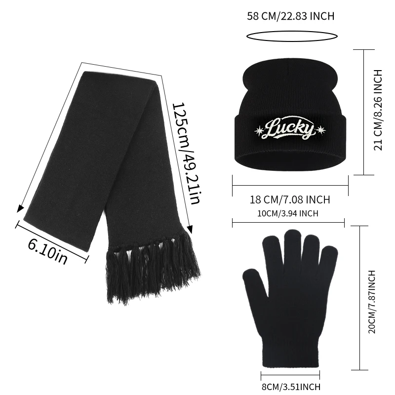 【3Pcs Knit Beanie Scarf Gloves Set】Adult Lucky Star Embroidery Knit Hat, Winter Outdoor, New Year Christmas Gift