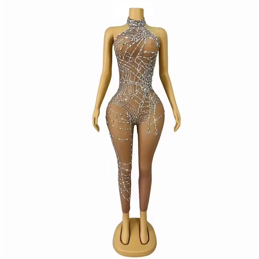 

Bar Nightclub Sexy Sheer Mesh Rhinestones Tight Jumpsuit Pole Dance Leotard Women Dancer Singer Drag Queen Performance Costume