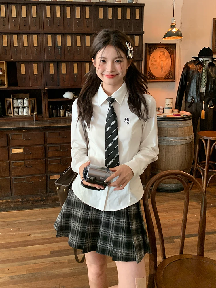 JK Shirt White Uniform Long Sleeve High Waist College Style Slim Fit Top Embroidered Shirt White Shirt Women