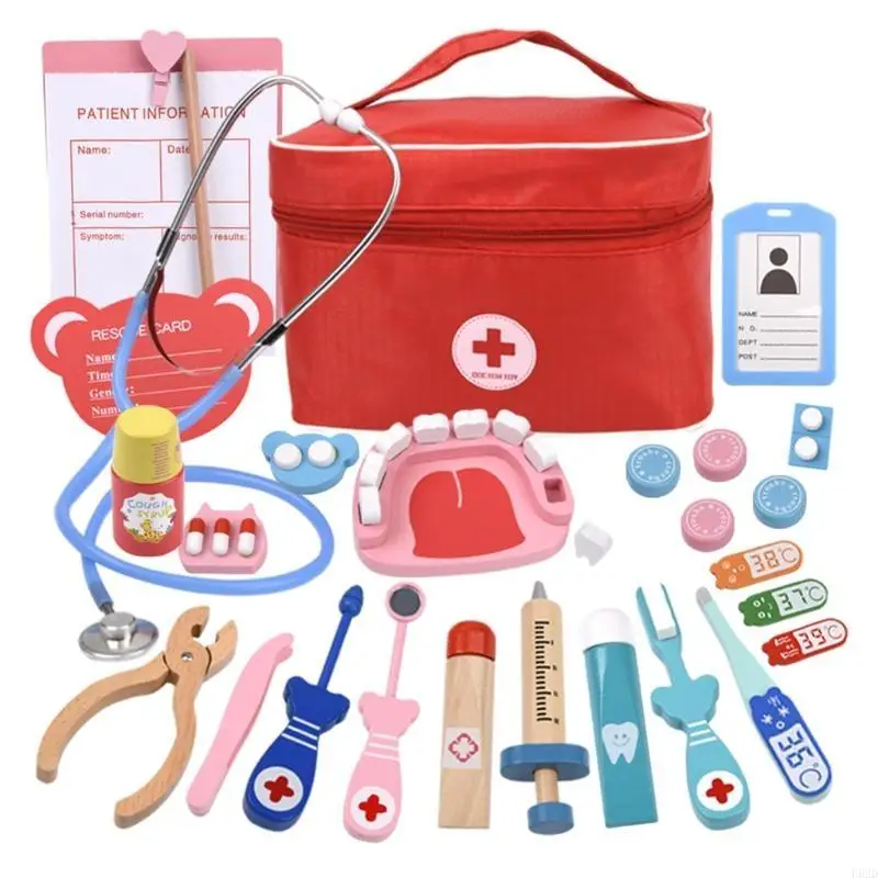 F62D Simulation Doctor Toy for Play House Simulation Doctor Injection Toy Gift Children's Wooden Simulation Bag Box