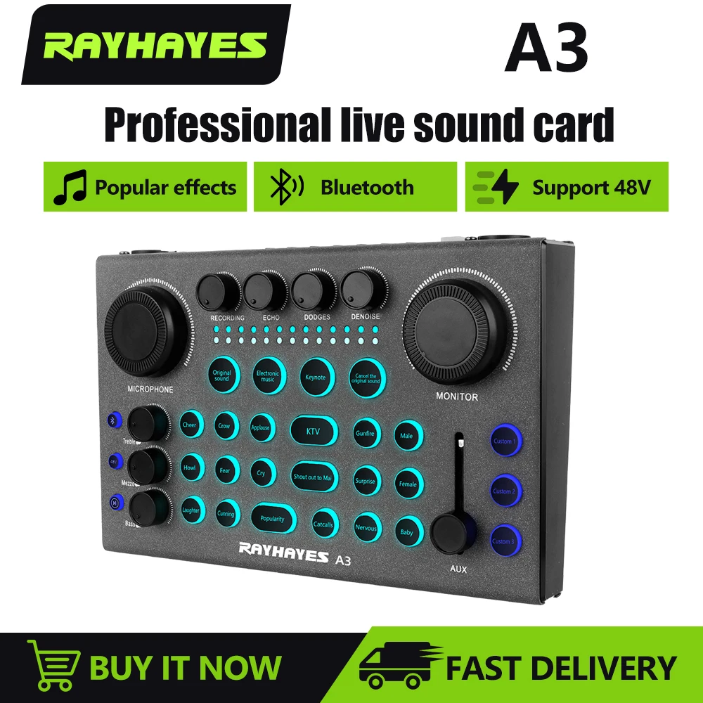 

RAYHAYRS A3 Live Sound Card Mixer with DJ Mixing Effects Voice Changer USB Audio Interface for Live Streaming and Gaming