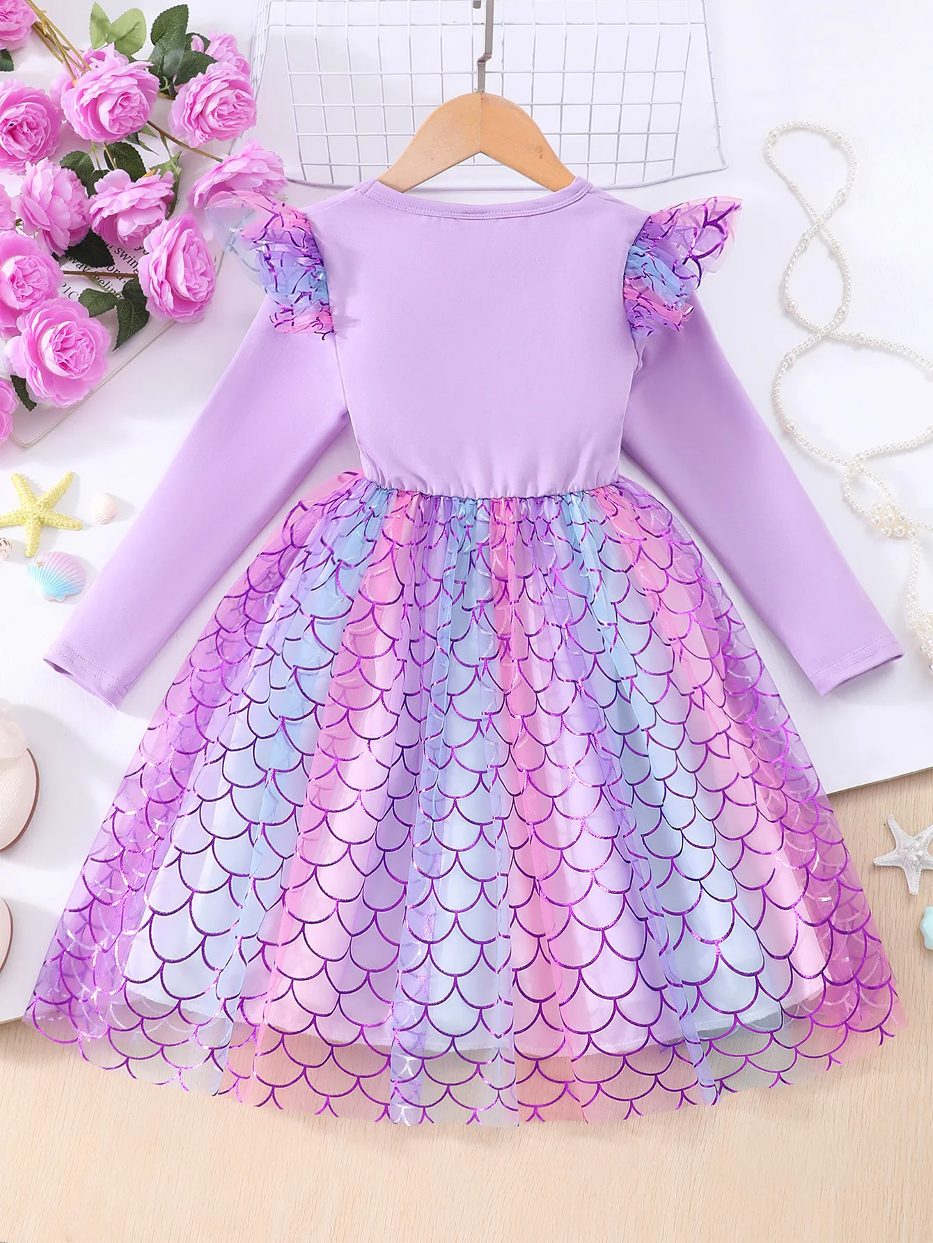 Long sleeved round necked mermaid fish scale mesh dress for girls, middle and young children