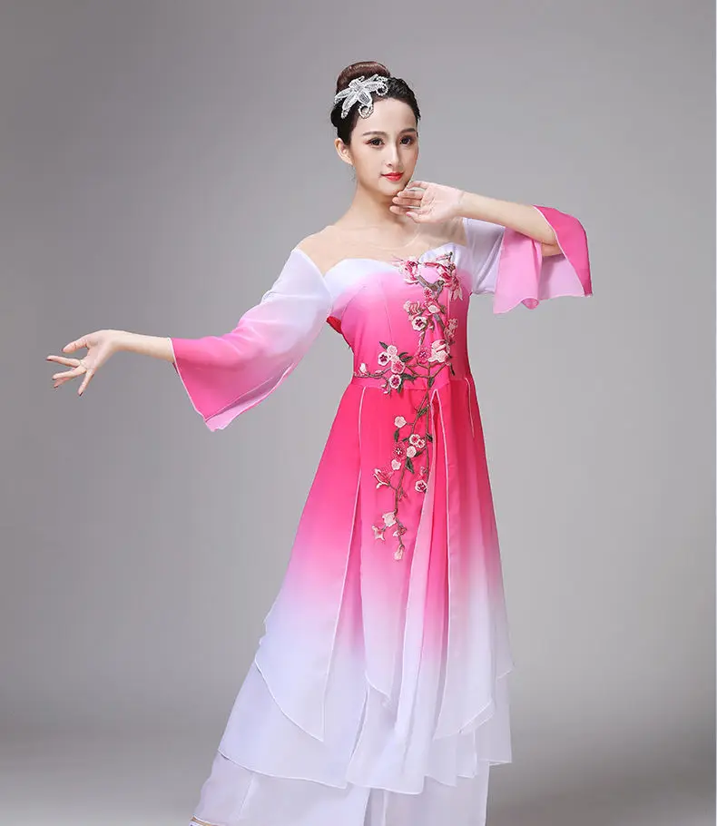 2024Hanfu Frauen klassische Tanz Performance Kostüm weibliche ethnische Jiangnan Regenschirm Tanz Fan Tanz erwachsene weibliche Yangko Kleid