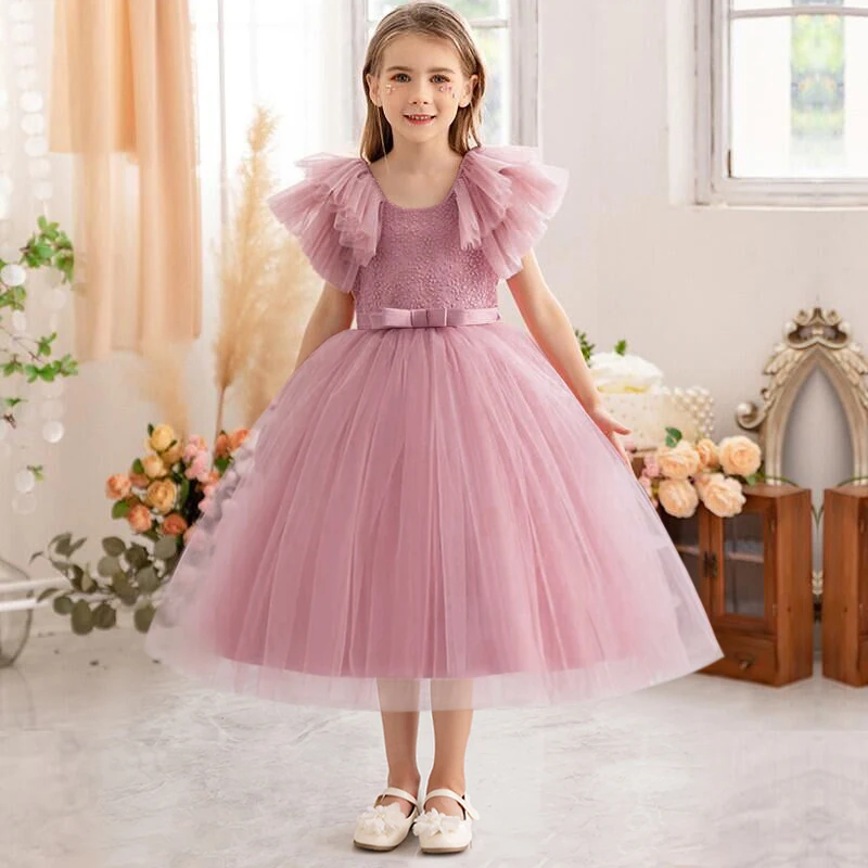 Baby Girls Bridesmaid Dress 2024 New Ruffles Lace Pageant Gown Flower Girl Dress for Wedding Princess Birthday Party Dress 3-8Y