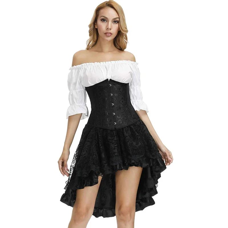 Underbust Corset Dress Skirt Top 3 Piece Burlesque Corsets Bustier Lingerie Plus Size Black Korset Victorian Costume Gothique