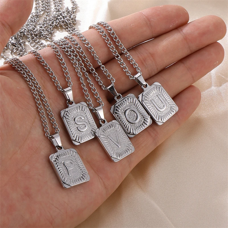 D&Z Fashion Square Letter Pendant Necklace Men Women Silver Color Stainless steel Classical Charm Jewelry Birthday Gift