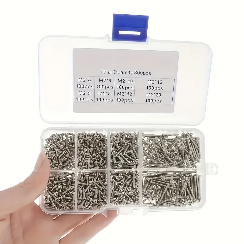 800pcs M2(2mm) Self Tapping Wood Carbon Steel Phillips Pan Head Self Tapping Screws Assortment Kit M2*4/5/6/8/10/12/16/20mm