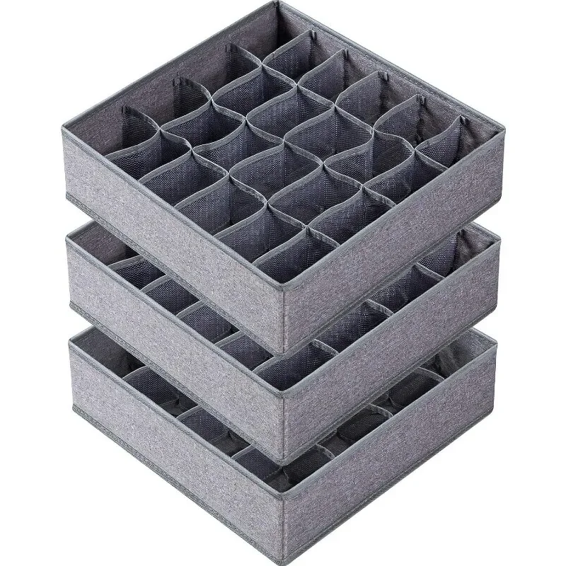 3 Pack Gray Sock Underwear Organizer Dividers 64 Cell Fabric Foldable Cabinet Closet Organizers Storage Boxes for Storing Socks