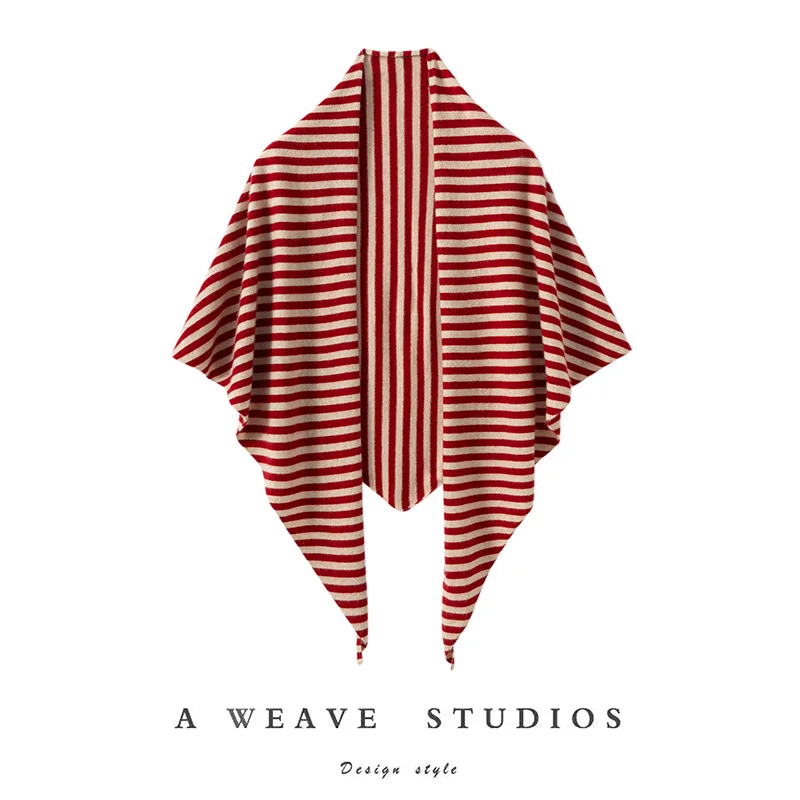 

CHICUU Women Striped Triangle 100% Cashmere Shawls Big Triangle Scarf Autumn Winter High Quality Cashmere Knit Wraps Soft Warm