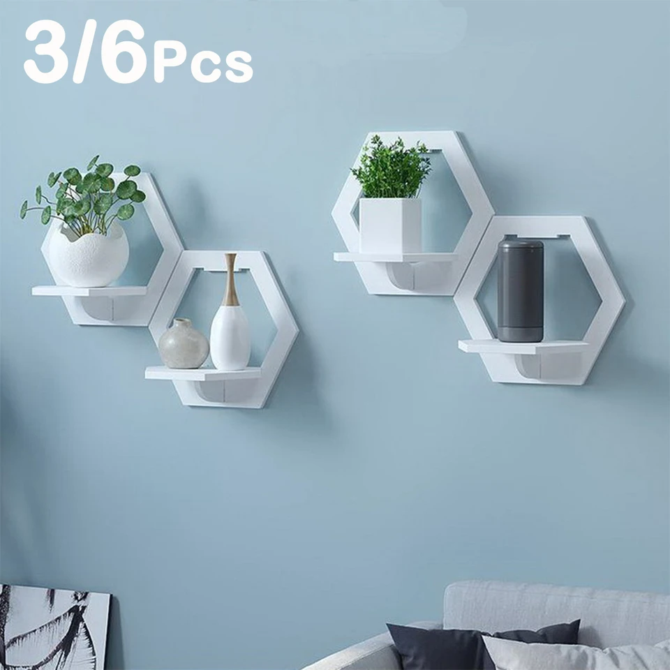 3/6Pcs Wall Organizer Shelf Hexagon Wall-mounted Display Stand for