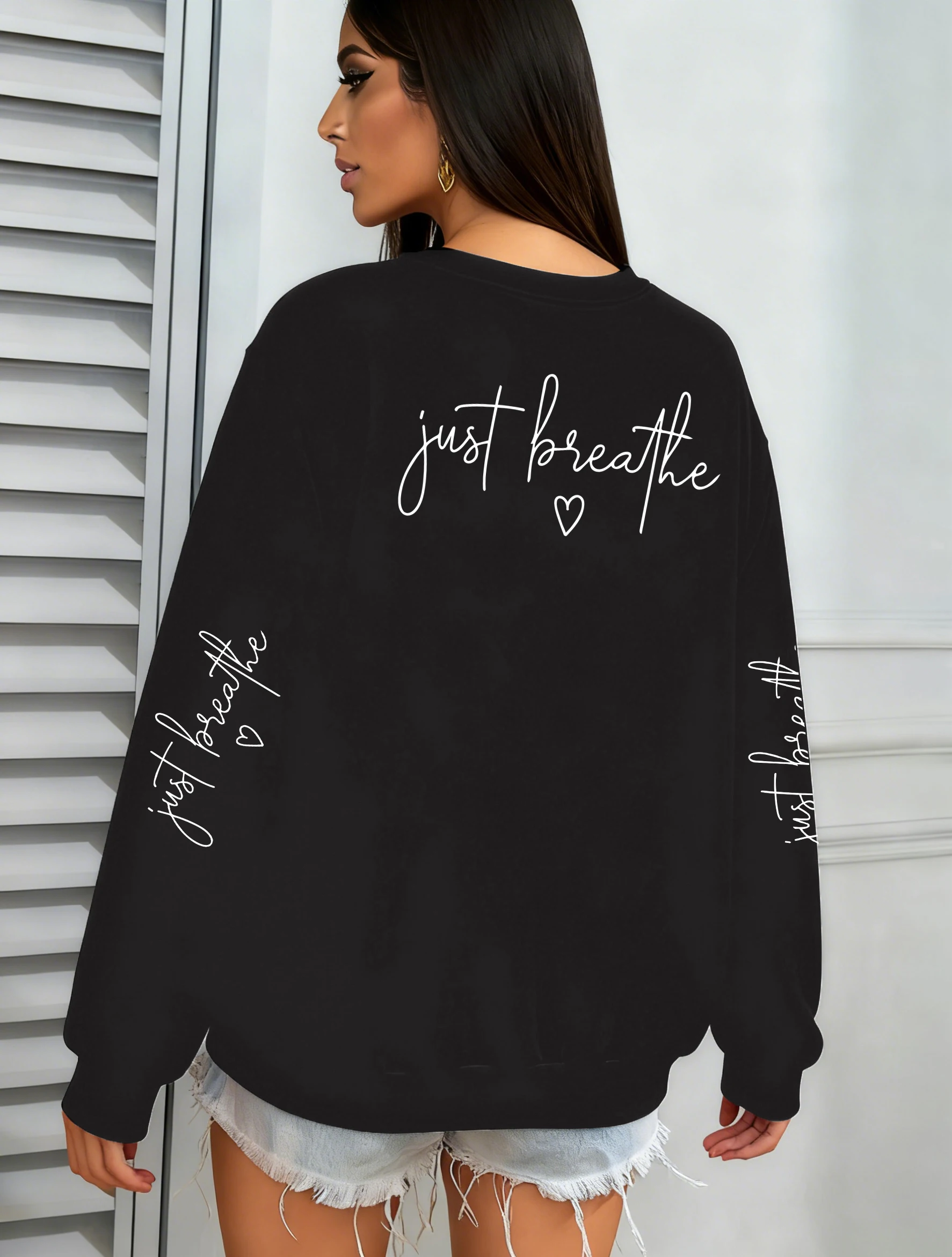 Just Breathe Love Art Letter Print Women Pullover Crewneck Y2K Sweatshirt Autumn Loose Clothes Fleece Jogging Female Streetwear