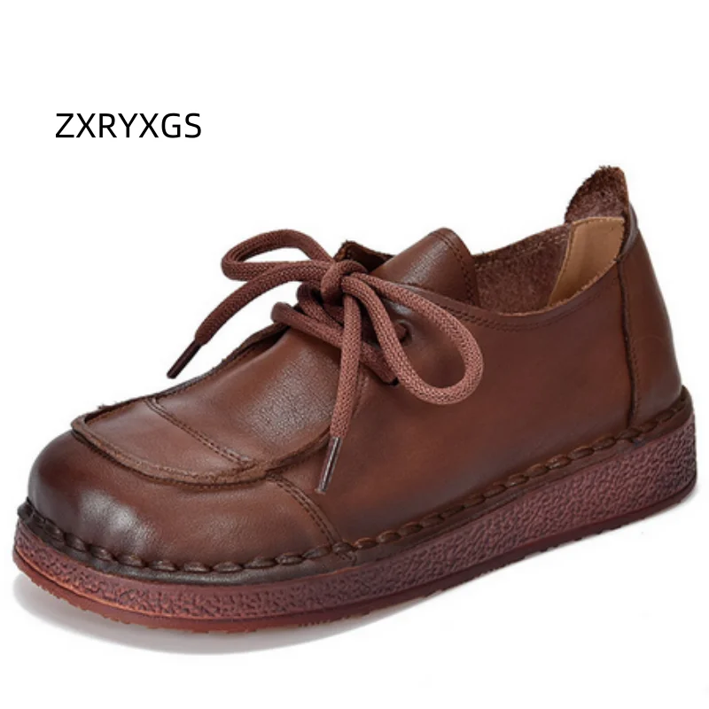 ZXRYXGS Classic Retro Mixed Color Splicing Premium Full Genuine Leather Shoes Woman Flats 2025 Lace-up Comfortable Trendy Shoes