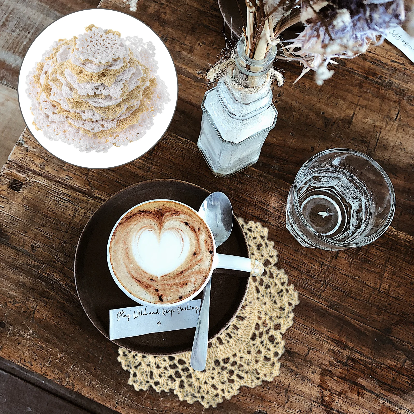 

24Pcs Handmade Crochet Lace Appliques DIY Cup Mats Coasters Floral Decoration Crochet Flower Mat