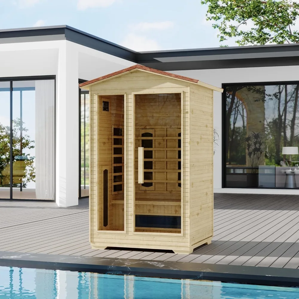 

2 Person Outdoor Infrared Sauna - 3D Fast Heating Home Spa Sauna w/Chromotherapy Light, Wooden Sauna Room