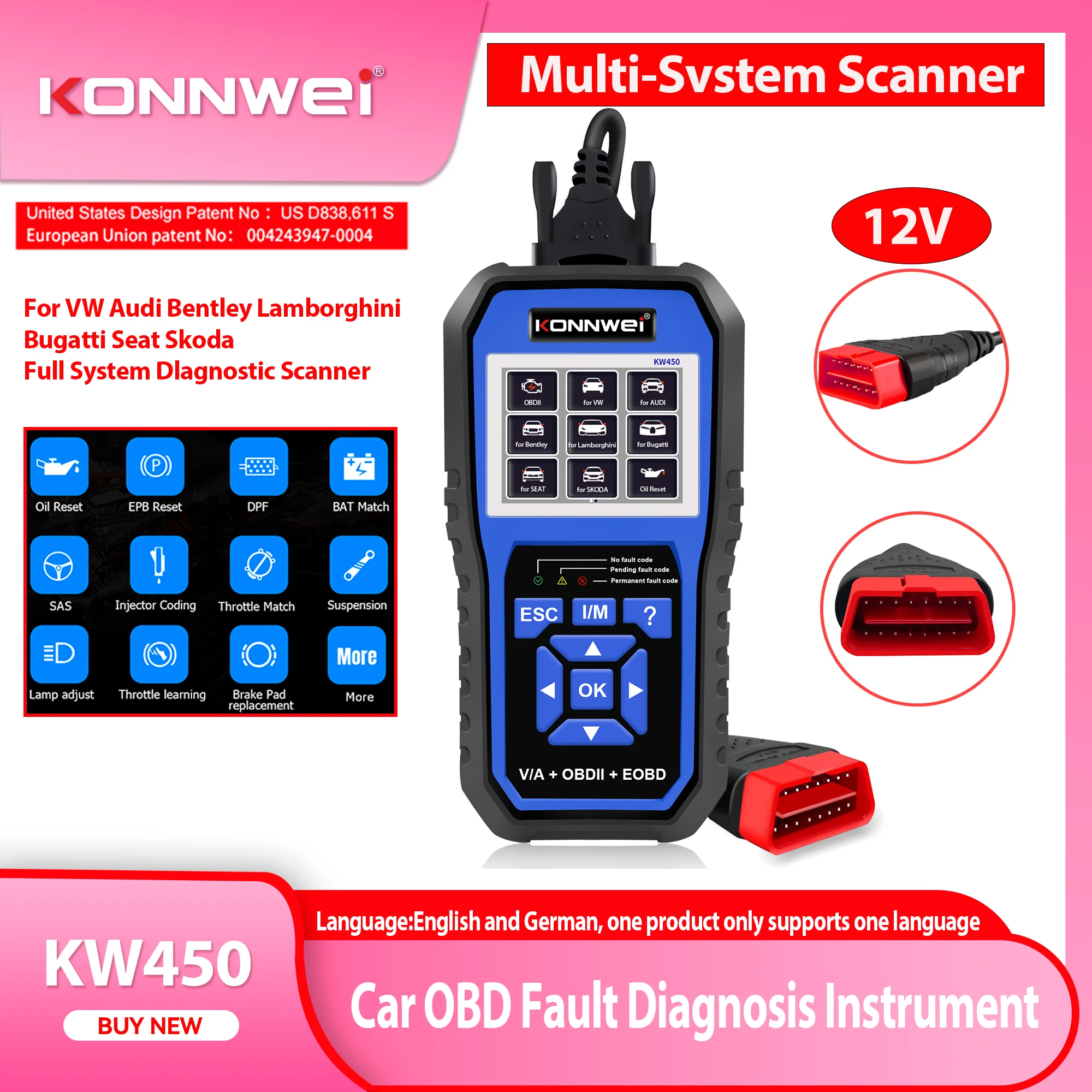 

New KONNWEI KW450 OBD2 Diagnostic Tool for VAG Cars VW Audi ABS Airbag Oil EPB DPF SRS TPMS Reset Full Systems Scanner VAG COM