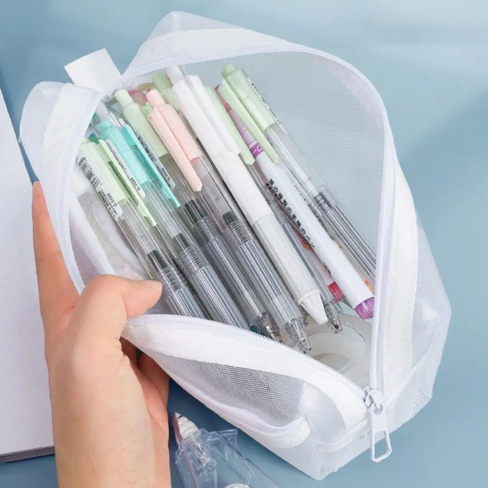 Double Layer Mesh Pen Bag Transparent Large Capacity Stationery Storage Bag Portable Multifunctional Exam Supplies Organizer