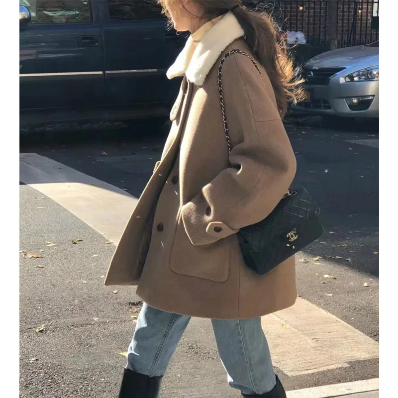 

Ladies' Korean Sle Woolen Coat Loose Fit Removable Fur Collar Vintage Tweed Jaet Small Size Commute Faion Winter Coat