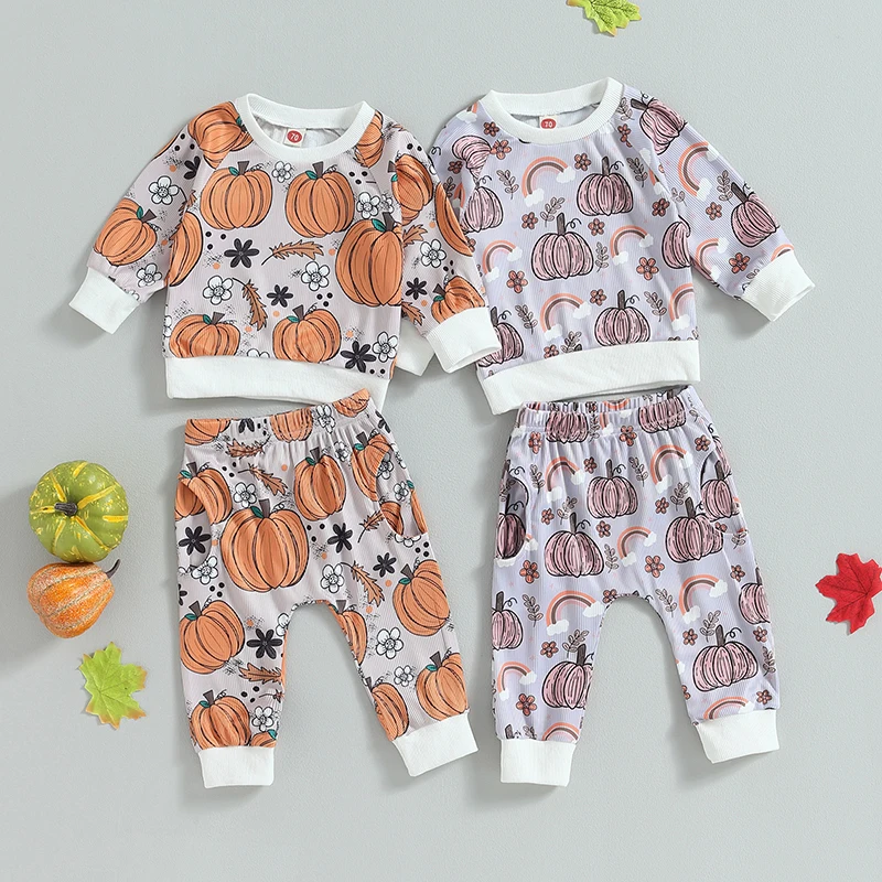 

Mildsown Toddler Baby Girl Pumpkin Print Halloween Clothes Set Crew Neck Long Sleeve Sweatshirts and Long Pants 2Pcs Fall Outfit