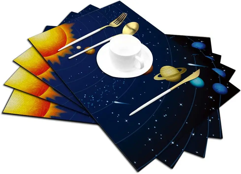 Solar System Placemats Set of 4, Solar System 9 Planets Illustration Placemats Heat Resistant for Dining Table Non-Slip