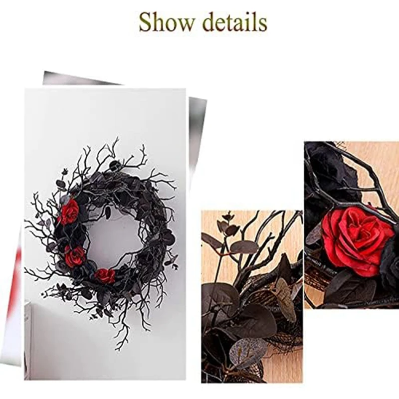 Black Halloween Door-Wreath With Red Rose Wreath For Front Door Black Wreath For Gothic Halloween Home Decor Easy Install