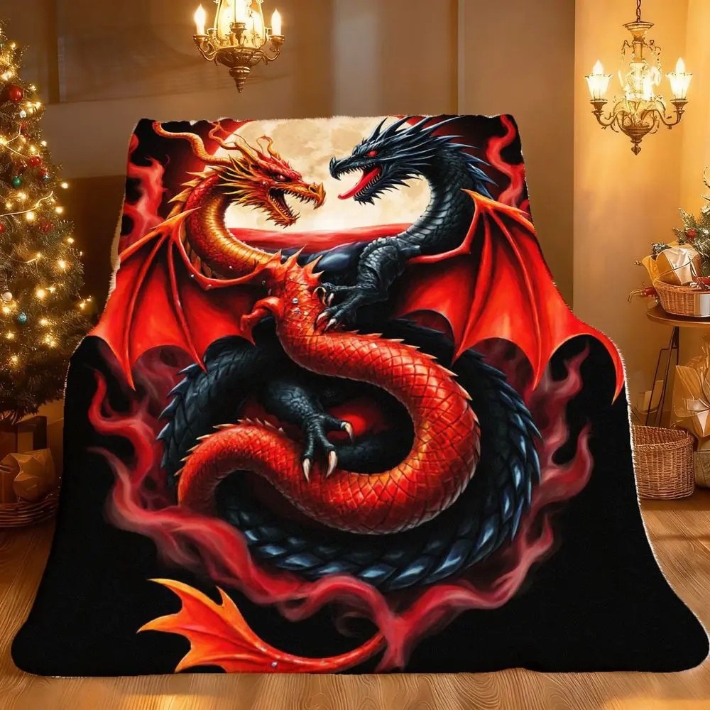 Double Dragon Art Pattern Decorative Throw Blanket for Sofa, Bed, Living Room, Home Decor, and Interior Styling
