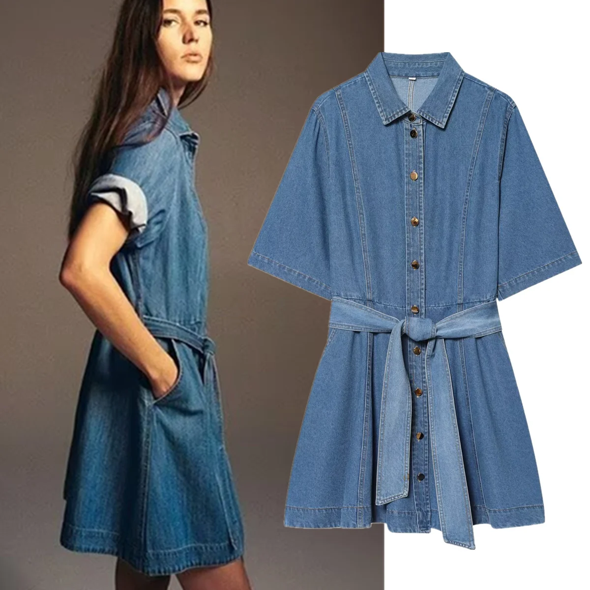 

Jenny&Dave 2026 Summer Slim Fit Shirt Mini Dress Fashion Elegant Short Sleeve Nordic Minimalist Blue Waist Cinched Denim Dress W
