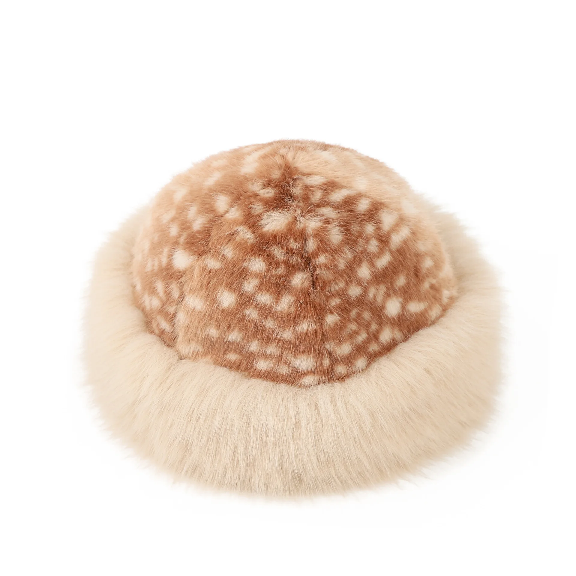 Autumn/Winter Fashion Faux Fur Bucket Hat Charming Fawn Print Steppe Mongolian Beanie Stylish Pull-Over Hat