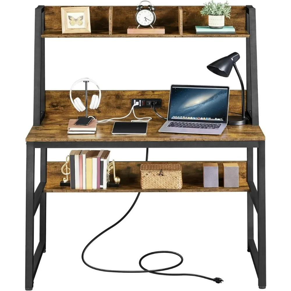 

47 in Modern Computer Desk with Power Outlets and 2 USB Ports, Home Office Study Writing Desk with Hutch and Bookshelf，Charging