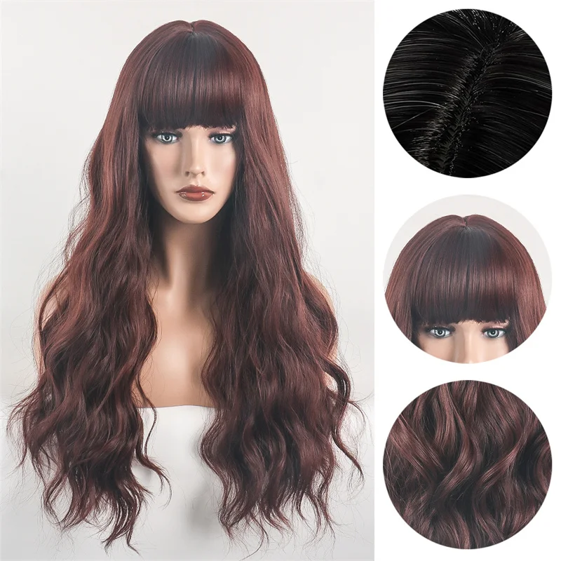 

Dark Brown Female Hair Wigs for Women Cosplay Neat Bangs Heat Resistant Peluca Sythetic Fiber