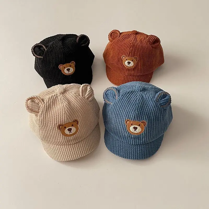 Spring Autumn Boy Girl Baby Bear Peaked Cap Infant Embroidery Cartoon Baseball Hat Kid Corduroy Sunscreen Cap Toddler Cotton Hat