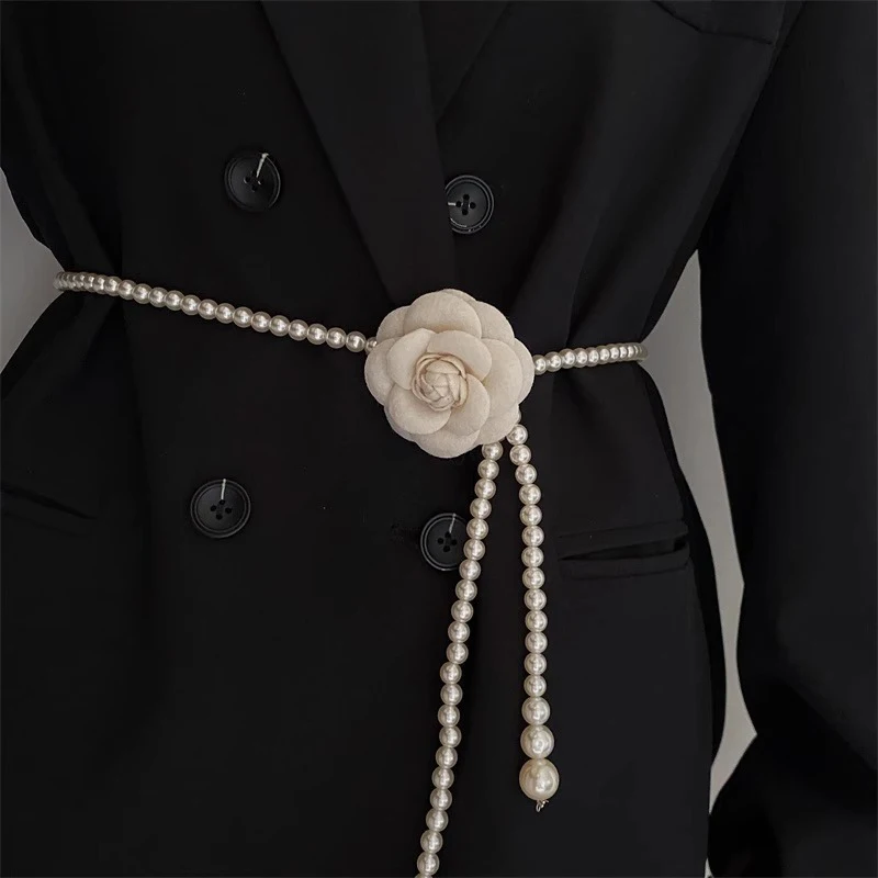 1PC Elegant Camellia Waist Chain Small Fragrant Flower Pearl Belt Decorative Dress Skirt Sweater Clothing Stylish Waist Chain