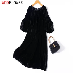 Women Silk Velvet Midi Dress Real Mulberry Silk Solid Color Black O Neck Lantern Sleeve Elegant Loose Long Dress M1051