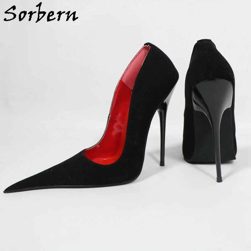 

Sorbern 14cm Black Suede Women Pump Shoes Metal Cigarette High Heels Pointed Toe Real Leather Slip On Party Shoes Custom Colors
