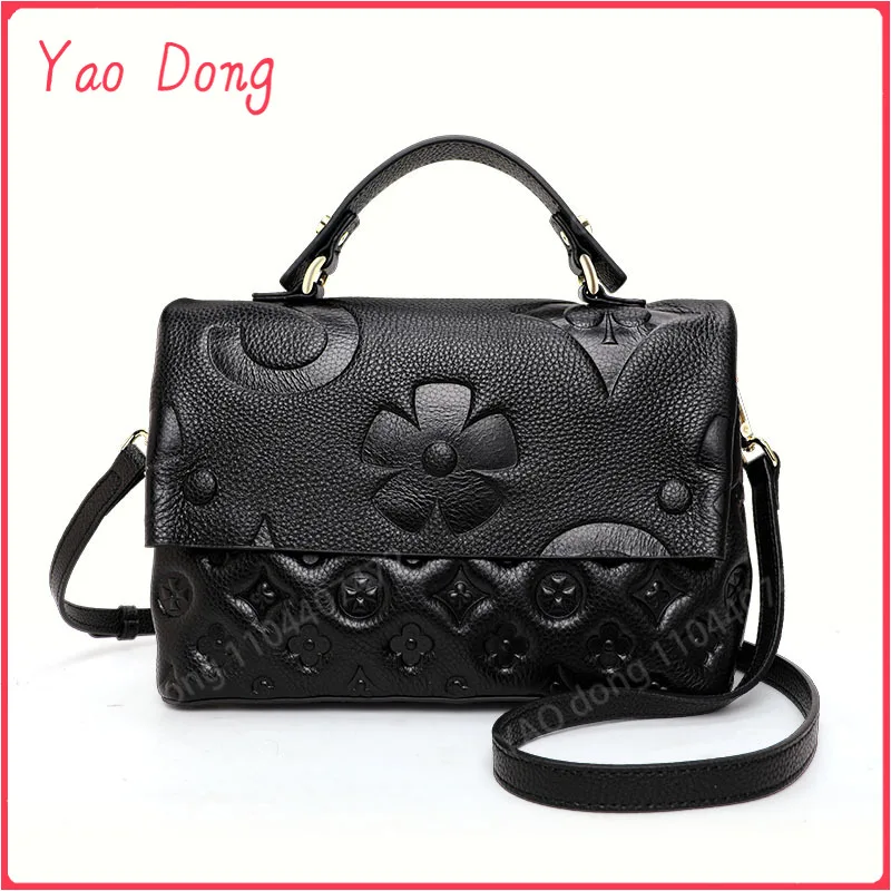 Yao Dong Aidrani  Fashionable women's one shoulder crossbody square bag, made of cowhide material, printed design, black