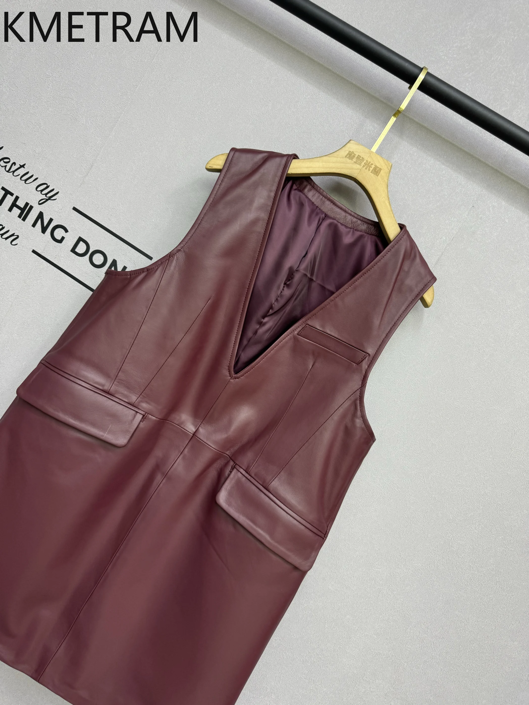 KMETRAM Gaun Kulit Domba Asli 100% Wanita Kerah V Gaun Tanpa Lengan Kulit Asli Baru dalam Kategori Pakaian Luar Musim Gugur 2025 Овчина