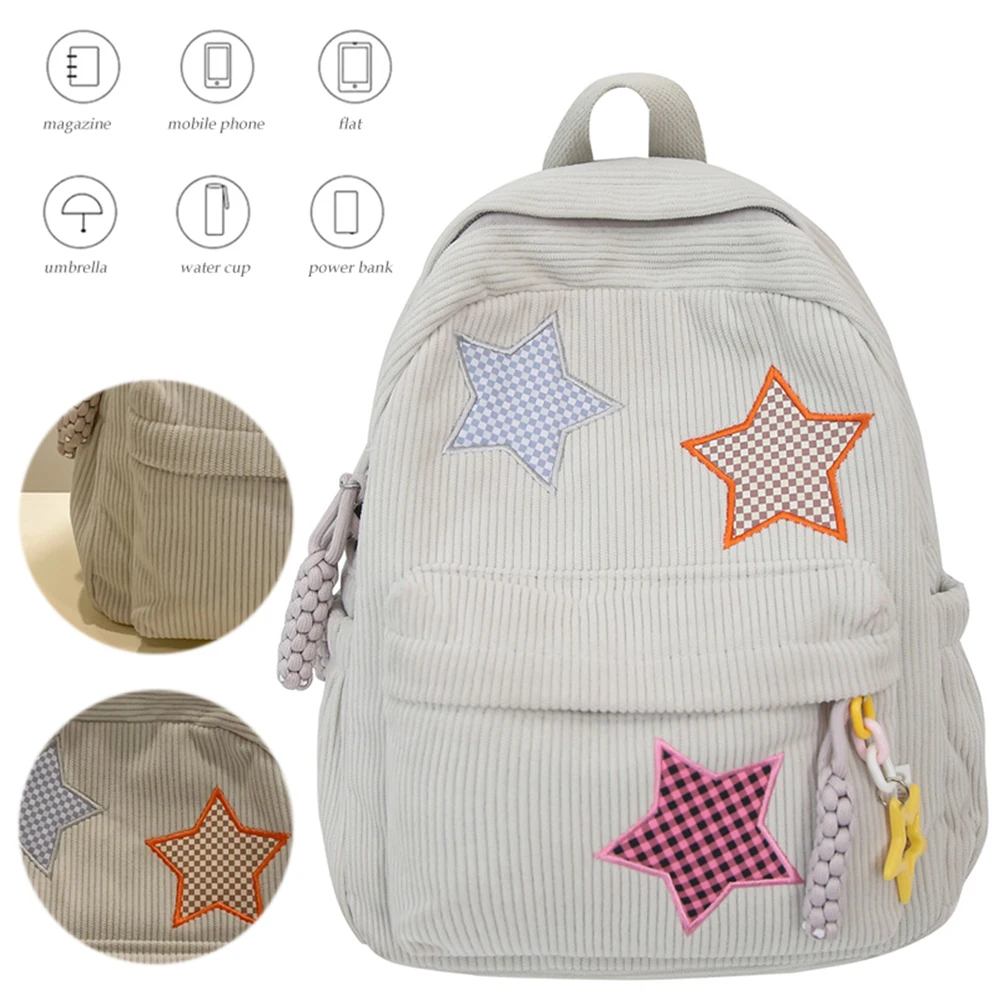 Corduroy Star Backpack Large Capacity for Women Daypack Kawaii Book Bag School Bag for Outdoor Campus Travel