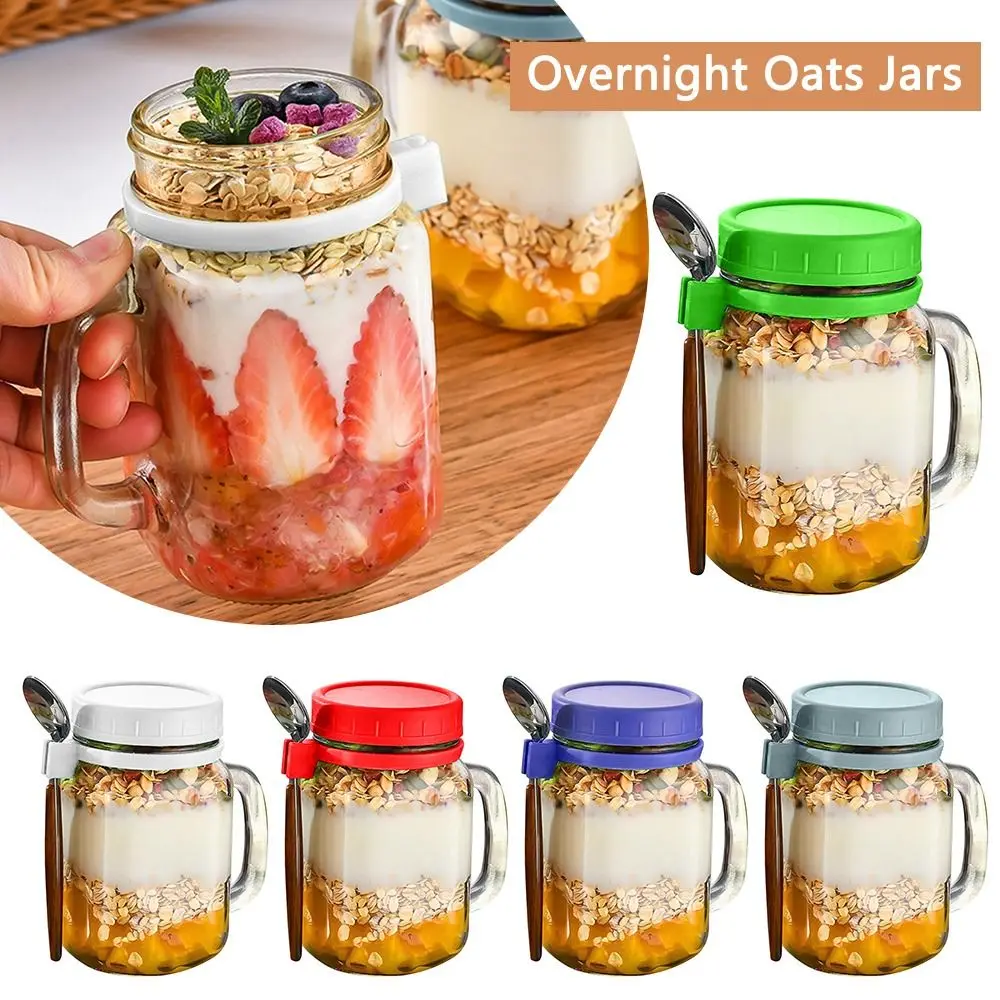 450ml Overnight Oats Jars Leakproof Yogurt Pot Milk Cup Spoons & Handle Airtight Glass Fruit Breakfast Jar Oats Food Container