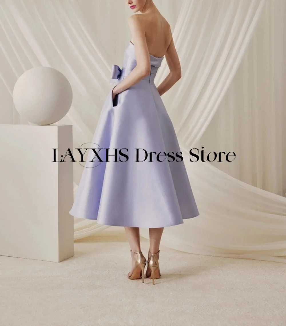 LAYXHS Simples Strapless Vestidos de Noite Roxo A Linha Arco Tornozelo-Comprimento Vestido de Baile de Festa Personalizado فستانmavera
