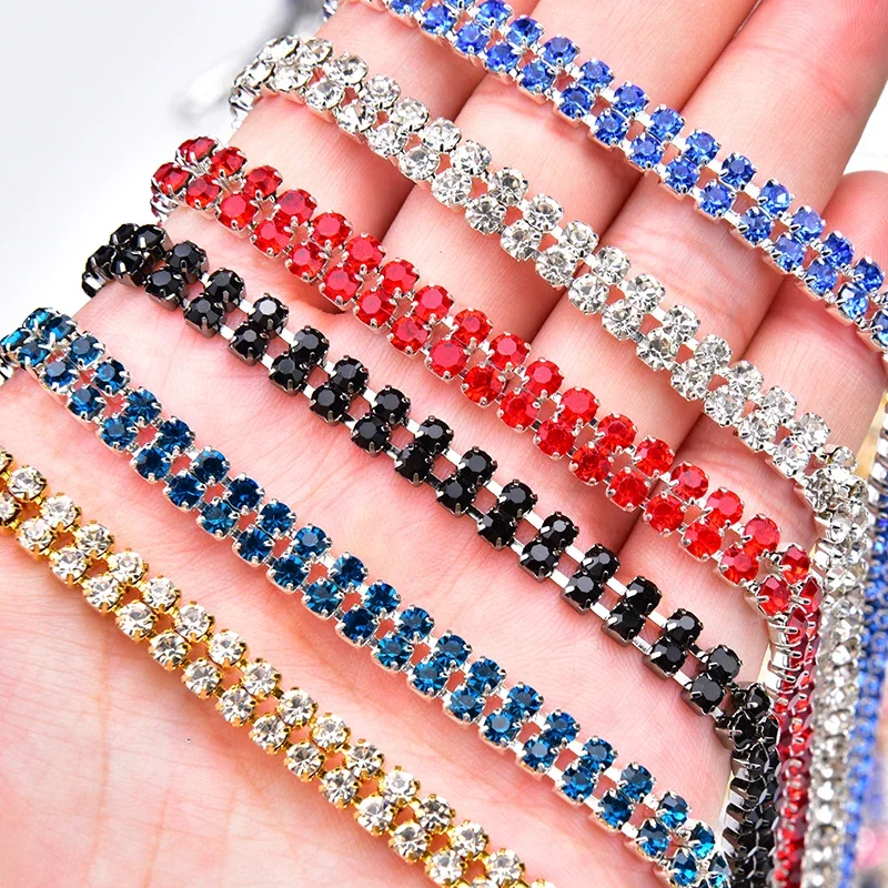 Cadena de Cristales de Doble Hilera de 6mm con Engaste de Garra Dorado y Plateado, Adorno de Strass Cosido para Vestidos de Novia, Zapatos y Bolsos