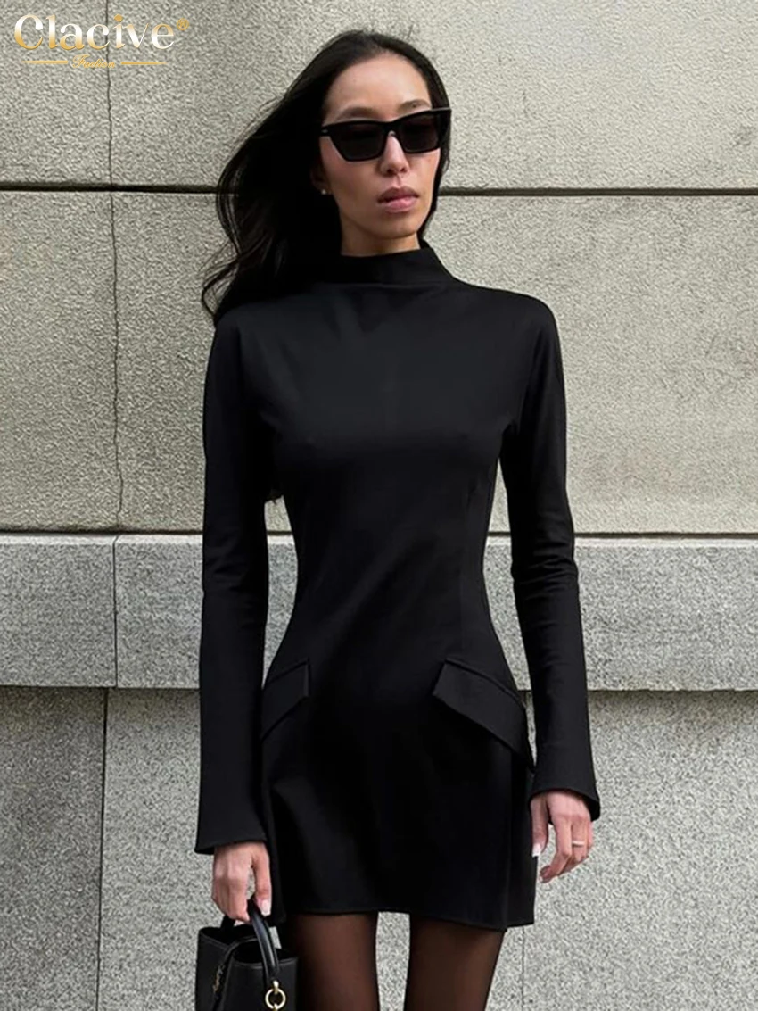 

Clacive Fashion Slim Black Knitted Dress Lady Bodycon Stand Collar Long Sleeve Mini Dress Elegant Classic Dresses For Women 2025