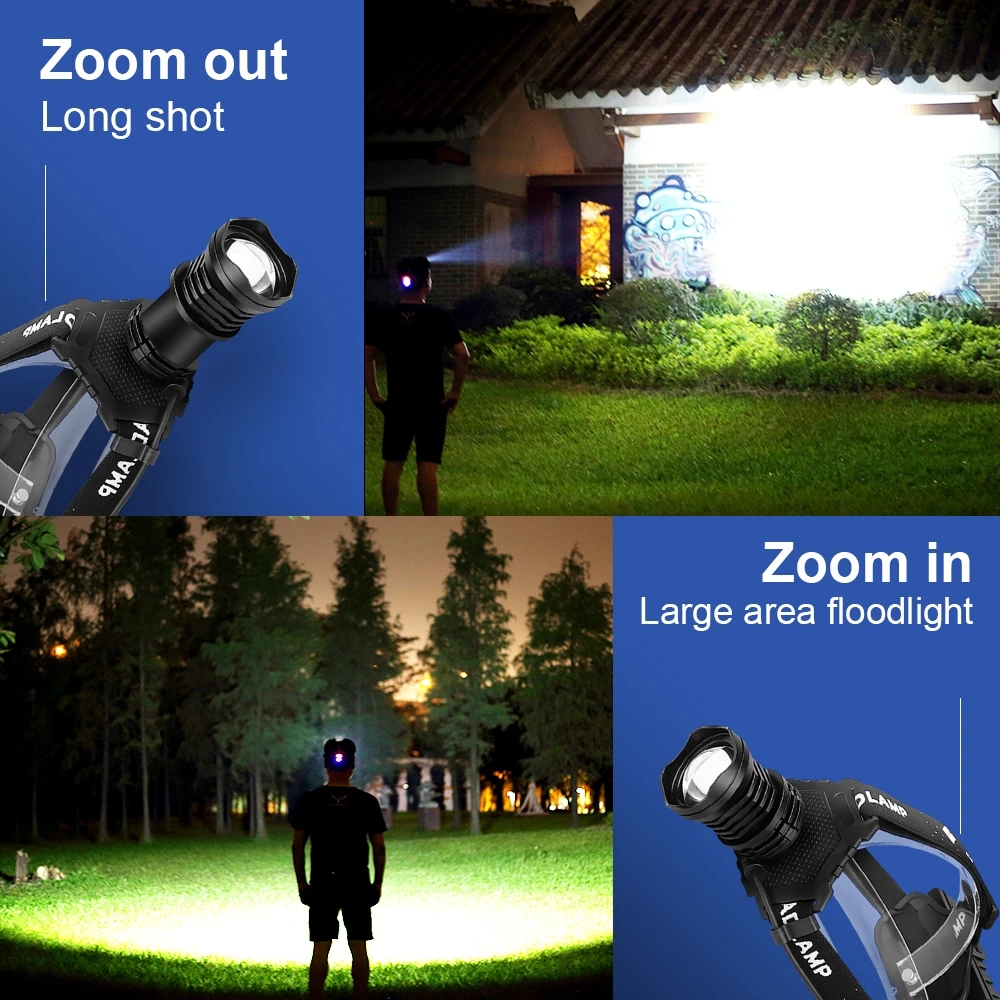 Super Powerful XHP220 LED Headlamp Rechargeable Zoom Headlight Long Range 3000M Head Flashlight Camping Head Torch Work Lantern