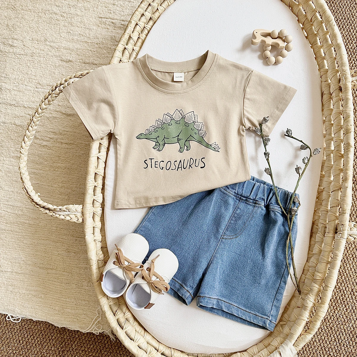 Baby Boy Clothes Set Dinosaur Print Cotton Short Sleeved T-shirt +Denim Shorts Girls Clothes 0-3Years Children Summer Suit