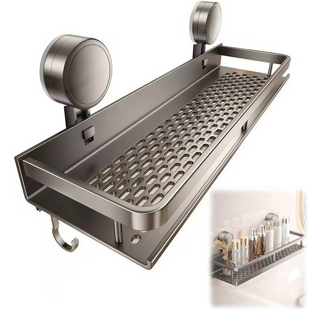 

1pc Bathroom Organizer with Suction Cups Rustproof Wall Mount Shower Caddy with Hooks Space Aluminum Shower Storage for Wetroom