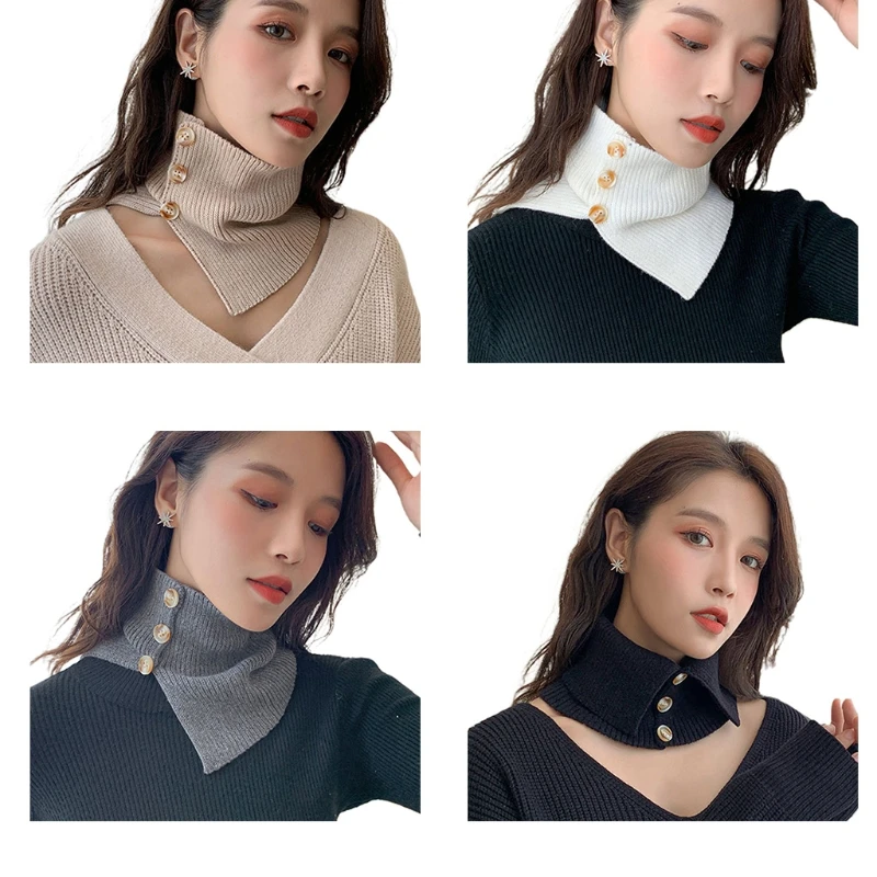 Women Ribbed Knitted Warm Snood Scarf Buttons Solid Color Ring False Collar Cover Elastic Windproof Neck Guard Warmer Infinite