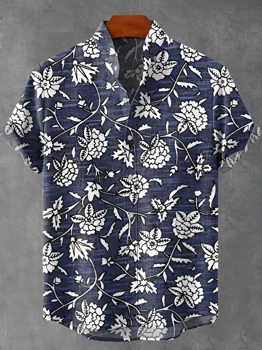 

2025 модная мужская летняя повседневная свободная льняная рубашка с 3D принтом и цветочным узором, с короткими пуговицами и воротником-стойкой, большая рубашка