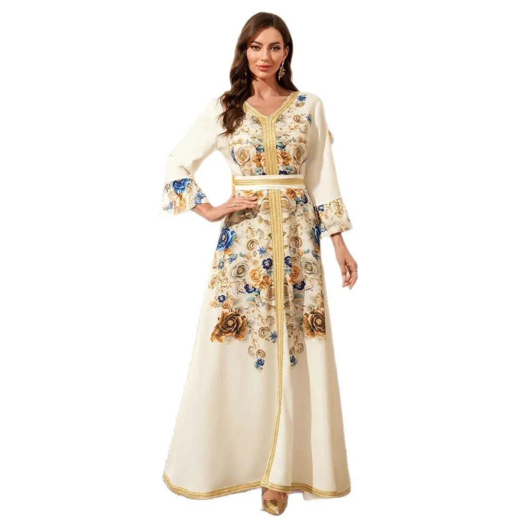 Muslimische Kleider Frauen Türkische Druck Abaya Schärpen Jalabiya Ramadan Islam Vestidos Arabischen Party Lange Robe Marokko Dubai Abayas Kaftan