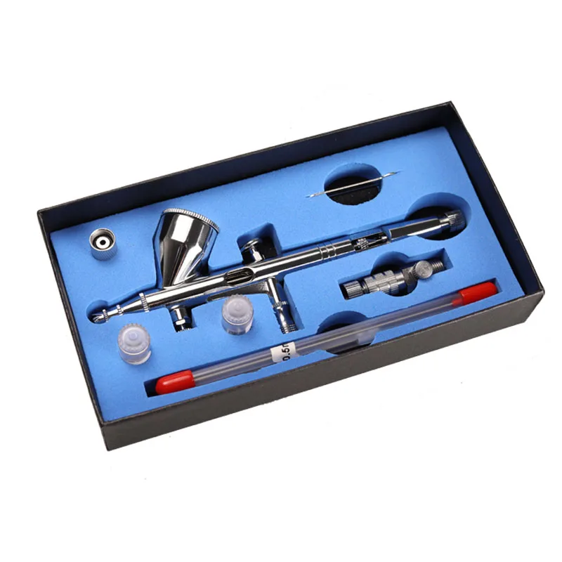 

Adjustable airbrush set is equipped with 0.3mm, 0.2mm, 0.5mm nozzle spray needle painting art cleaning spray gun set