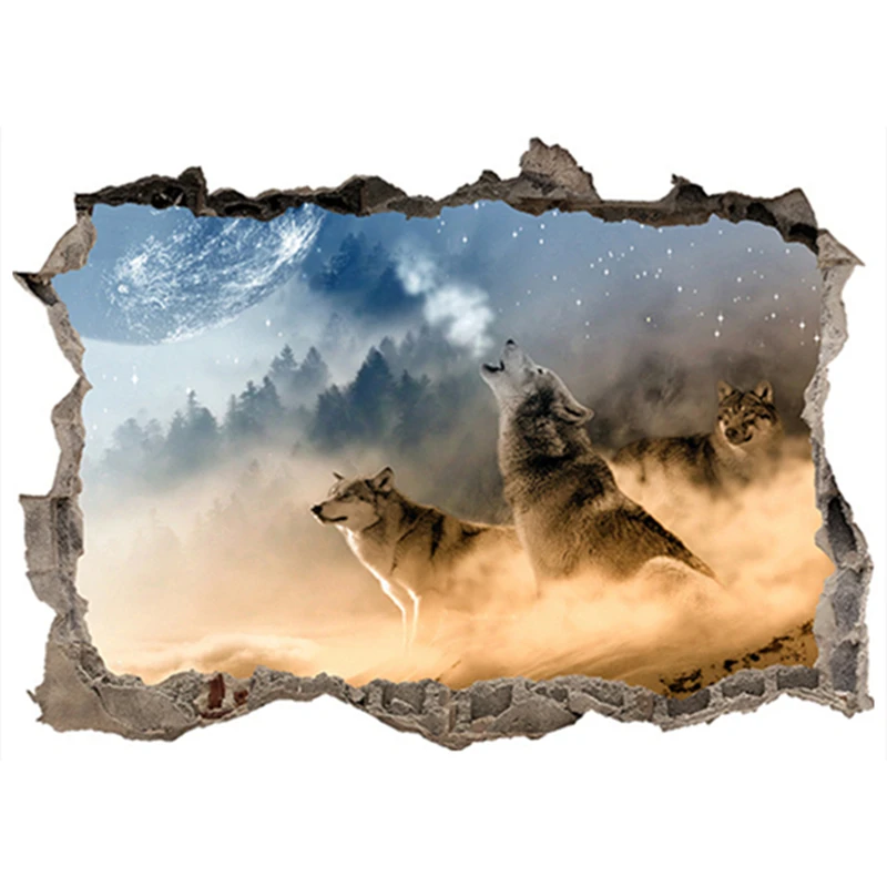 Snow Land, Wolf Howl, Vinyl 3D Broken Wall Stickers, Home Decorations, Star Sky Landscape, Art Mural, Animal Wallpaper, 70*50CM