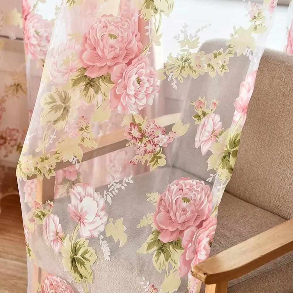 Gorden Sheer Motif Bunga Pink dengan Rod Pocket - 2 Panel, 60 cm Setiap Panel, Panjang 84 cm, Lebar Total 120 cm untuk Cahaya Alami